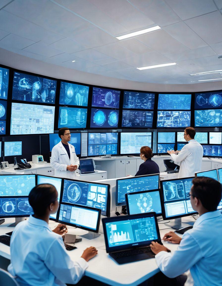 A futuristic oncology laboratory filled with advanced technology and researchers in lab coats discussing innovative cancer treatments. Emphasize bright screens displaying data and graphics of new clinical trial results. Include a montage of diverse patients, highlighting hope and resilience, surrounded by medical equipment. The setting should be vibrant and engaging, with vivid colors to create an atmosphere of innovation and progress. super-realistic. vibrant colors. depth of field.