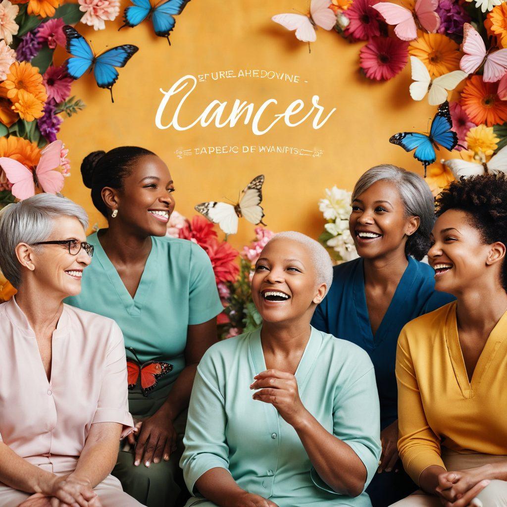 A diverse group of cancer survivors in a supportive setting, exchanging heartfelt stories and laughter, surrounded by symbolic elements like butterflies and blooming flowers representing hope and renewal. Warm colors and soft lighting create an inviting atmosphere, emphasizing connection and strength. Include supportive phrases on banners in the background, enhancing the theme of advocacy. super-realistic. vibrant colors. soft focus.